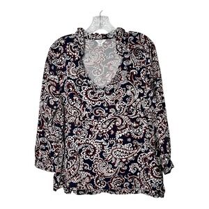 Crown & Ivy Paisley Blouse Petite Long Sleeve Button Cuff Navy Red Pink Size PXL